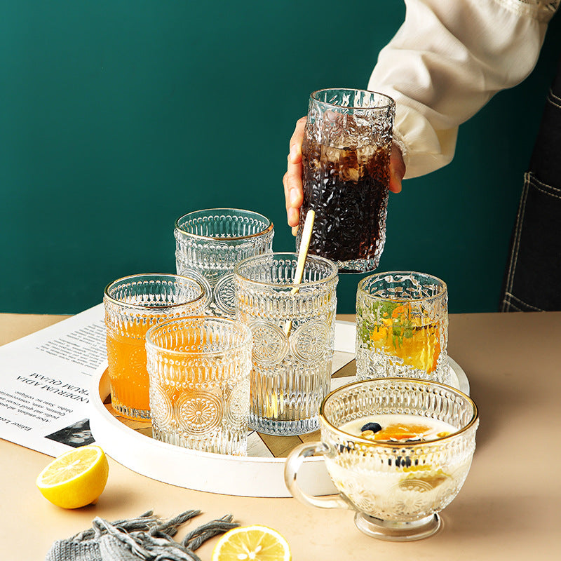 Tree Pattern Cup Japanese Style Gold Rim Glass